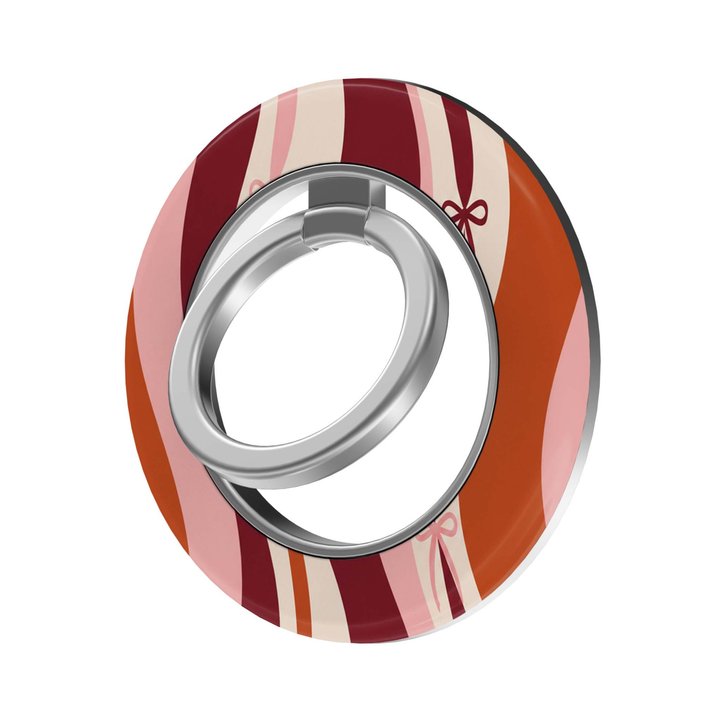 CASELIX Retro Ribbon MagSafe Ring Holder featuring wavy burgundy, burnt orange, cream and pink stripes with delicate bow accents and a silver metal ring.