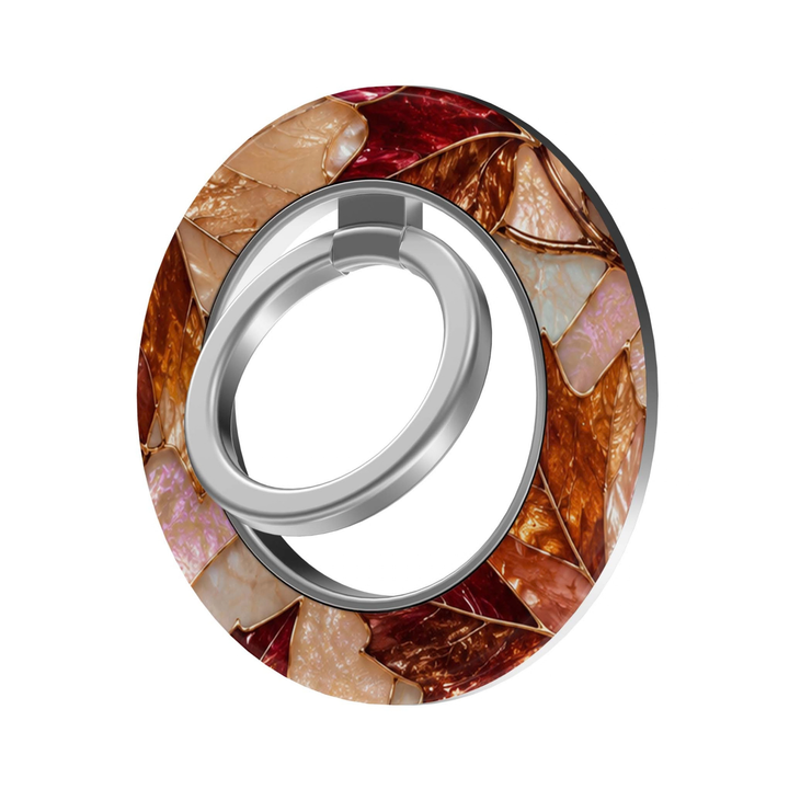 Maple Opal MagSafe Ring Holder featuring luminous maple leaves in burgundy, copper, amber, champagne and pearlescent opal tones with gold-inspired detailing and a silver magnetic phone ring grip and stand.