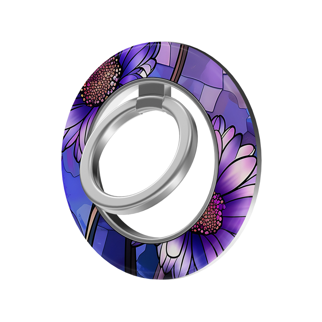 Purple floral stained glass pattern MagSafe ring holder with violet flowers and a silver magnetic phone grip and stand.
