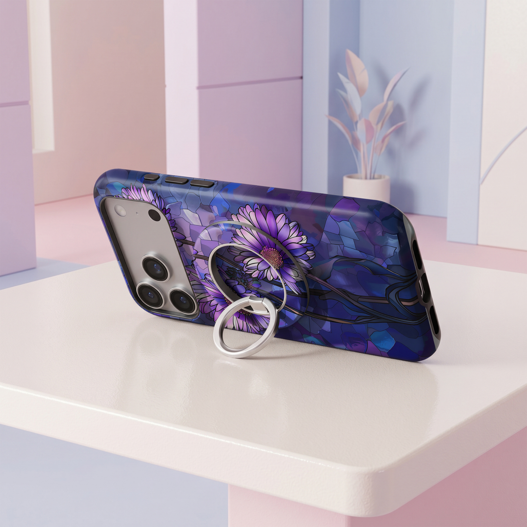 Purple floral stained glass pattern MagSafe ring holder with violet flowers and a silver magnetic phone grip and stand.