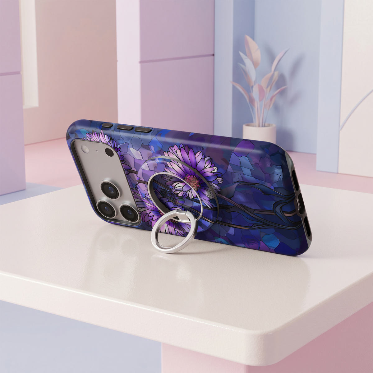 Purple floral stained glass pattern MagSafe ring holder with violet flowers and a silver magnetic phone grip and stand.