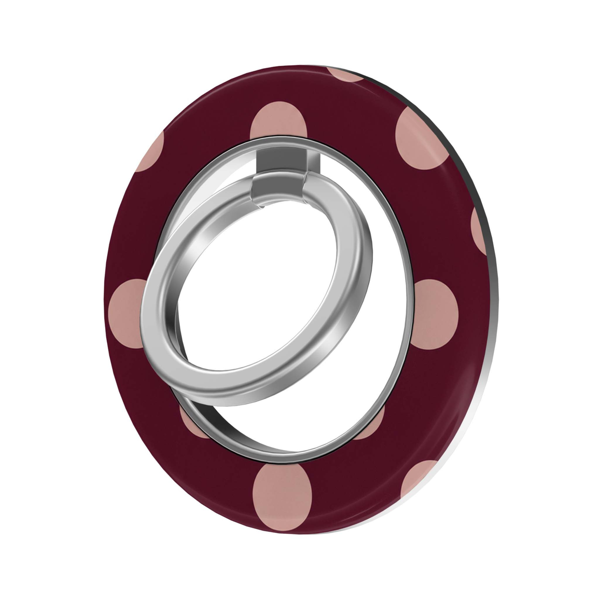 CASELIX Blush Dots MagSafe Ring Holder featuring soft blush pink polka dots on a deep burgundy background with a silver metal finger ring.