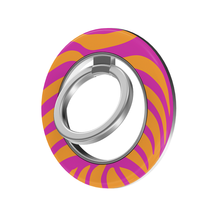 Bright pink and orange wavy abstract pattern MagSafe ring holder with a silver magnetic phone grip and stand.
