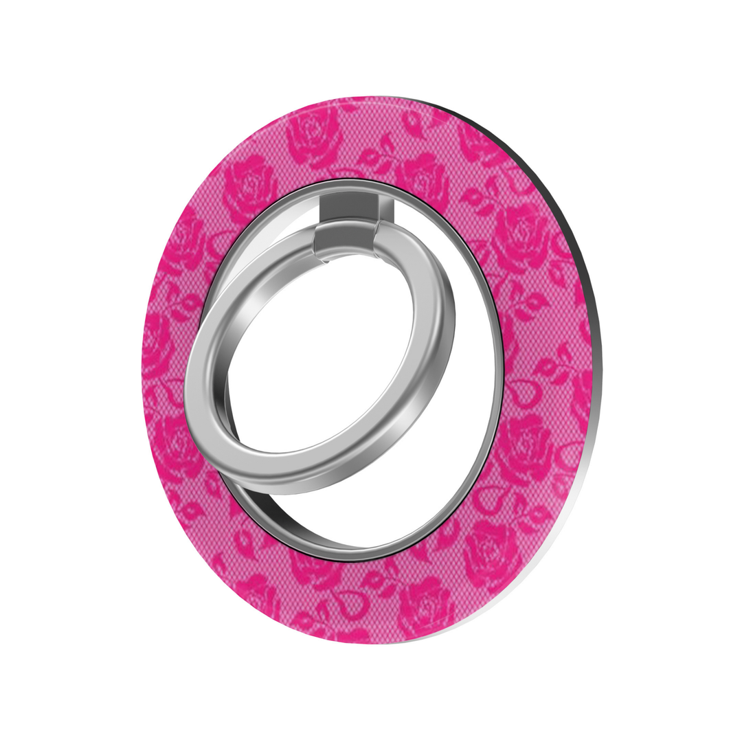 Hot pink floral rose lace pattern MagSafe ring holder with a silver magnetic phone grip and stand.