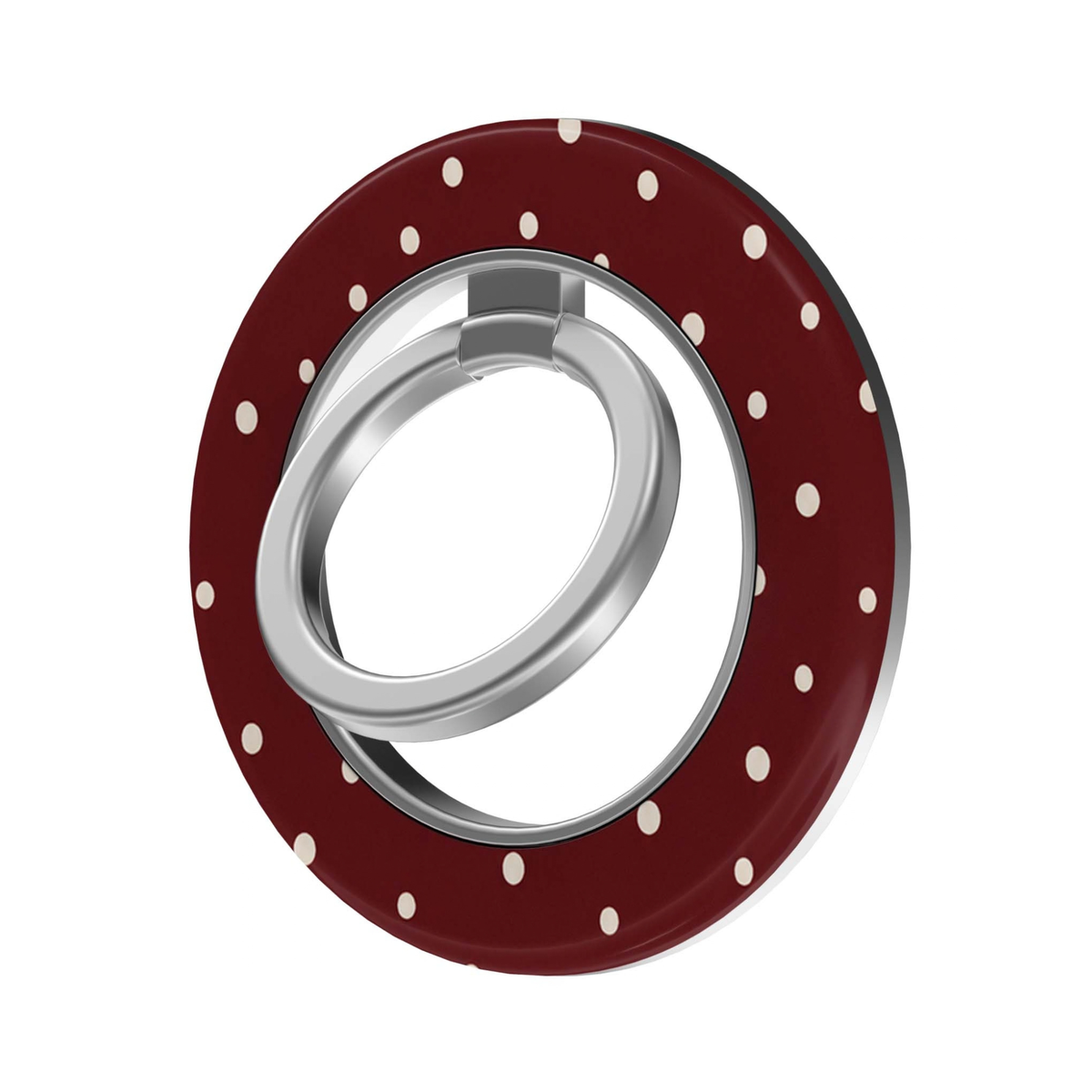 Merlot Dot MagSafe Ring Holder featuring cream polka dots on a rich merlot burgundy background with a silver magnetic ring, a chic preppy phone grip and stand.