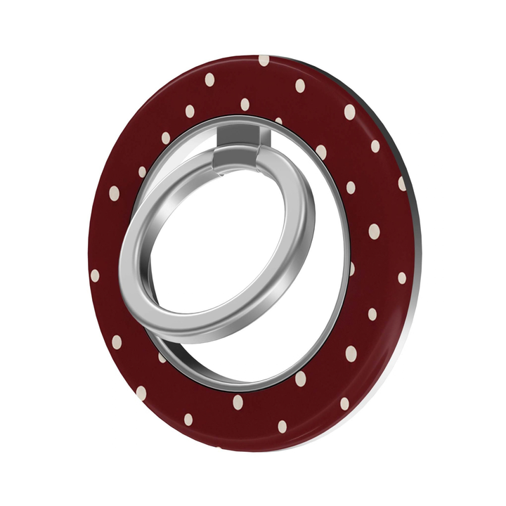Merlot Dot MagSafe Ring Holder featuring cream polka dots on a rich merlot burgundy background with a silver magnetic ring, a chic preppy phone grip and stand.
