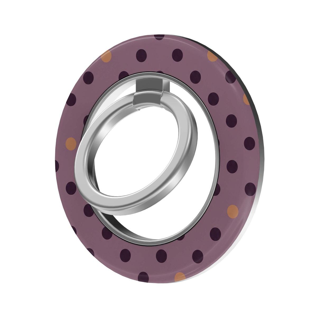 CASELIX Mauve Confetti MagSafe Ring Holder featuring a muted mauve purple background with dark plum and warm caramel polka dots, finished with a silver rotating metal finger ring for a chic phone accessory.