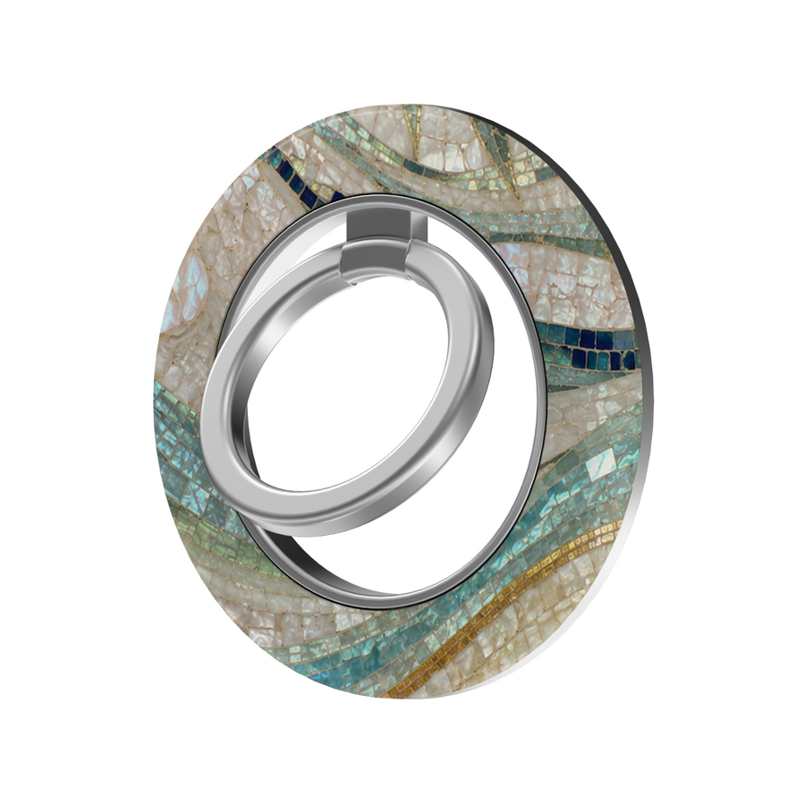 Coastal Mosaic MagSafe ring holder featuring flowing pearl, aqua, teal and navy mosaic tiles with subtle gold accents and a silver magnetic phone grip.