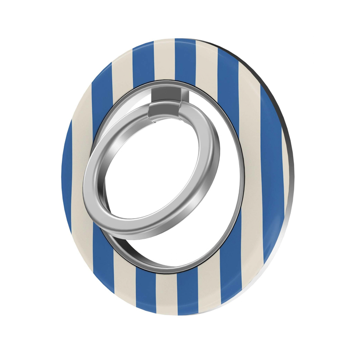 Coastal Blue Stripe MagSafe Ring Holder featuring bold coastal blue and warm ivory vertical stripes with a silver magnetic ring, a classic preppy phone grip and stand.