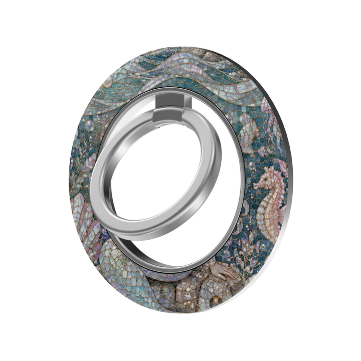 Mermaid Cove MagSafe ring holder featuring an iridescent ocean mosaic with seashells, pearls, seahorses and flowing aqua blue waves with a silver magnetic phone grip.