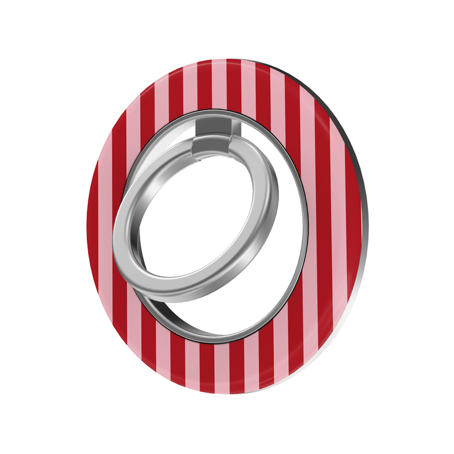 Red and pink striped MagSafe ring holder with a silver magnetic phone grip and stand.