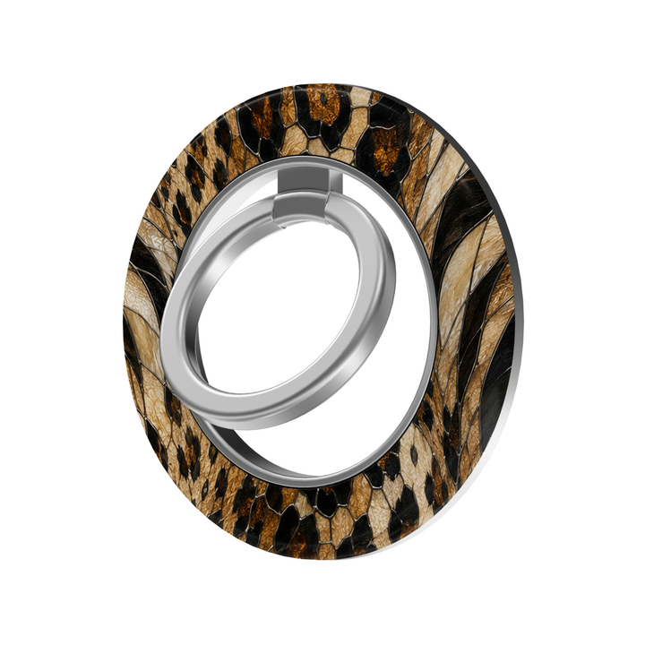 Golden Leopard Glass MagSafe ring holder featuring a luxe stained glass animal print in warm gold, caramel, amber and black with a silver magnetic phone grip and stand.