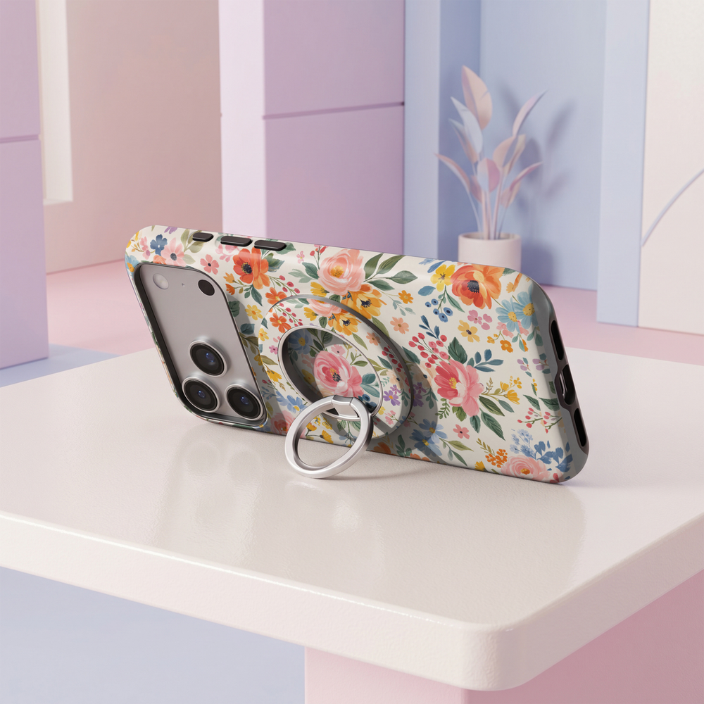 Meadow Bloom MagSafe ring holder featuring colorful wildflowers in orange, yellow, blue, pink and purple on a soft cream background with a silver magnetic phone grip.
