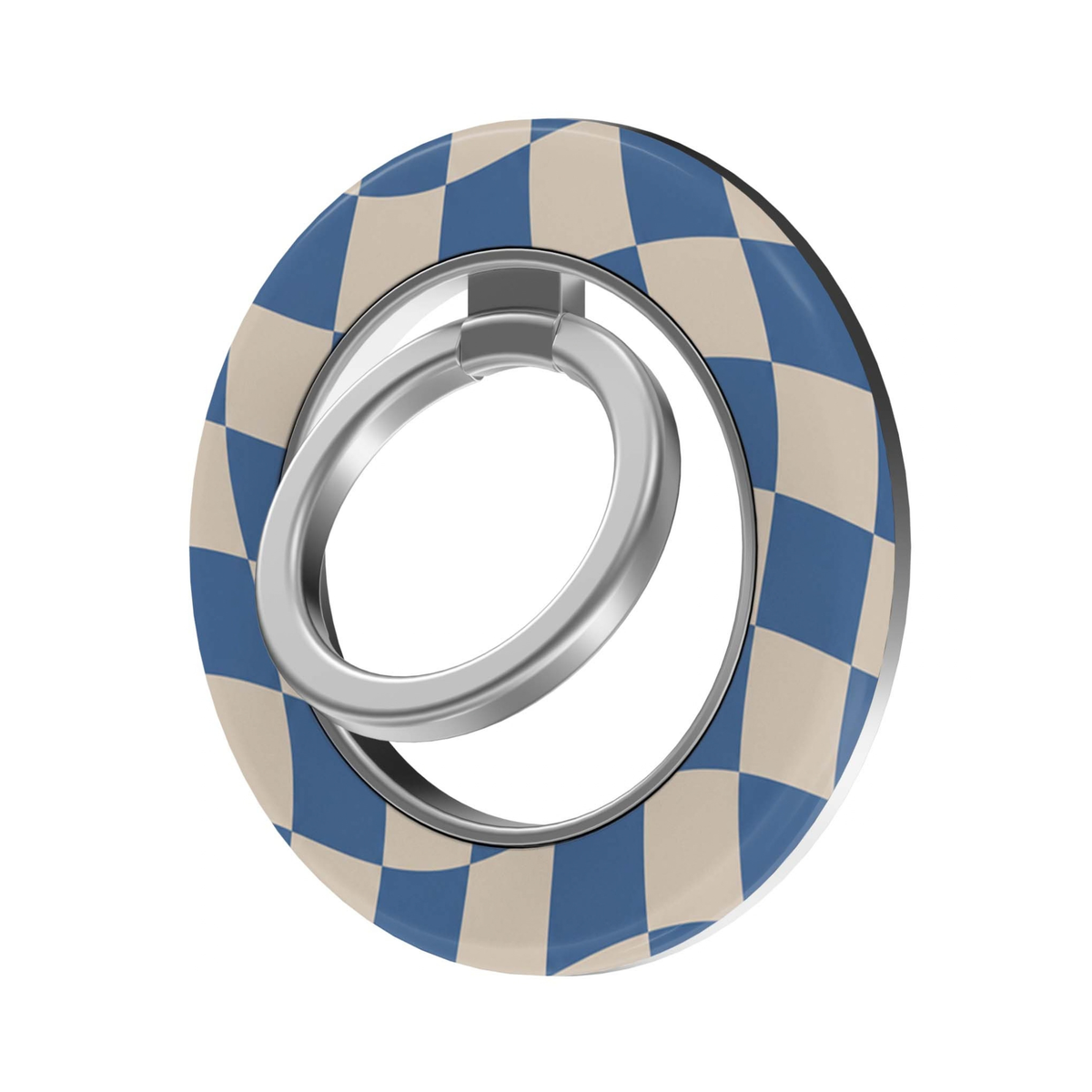 Coastal Check MagSafe Ring Holder featuring a wavy checkerboard pattern in coastal blue and warm cream with a silver magnetic ring, a preppy magnetic phone grip and stand.