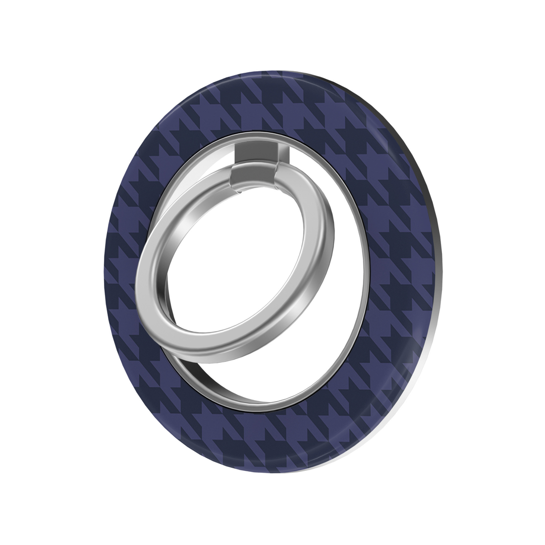 Navy blue houndstooth pattern MagSafe ring holder with a sleek silver magnetic phone grip and stand.