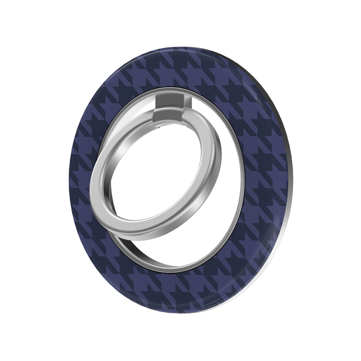 Navy blue houndstooth pattern MagSafe ring holder with a sleek silver magnetic phone grip and stand.