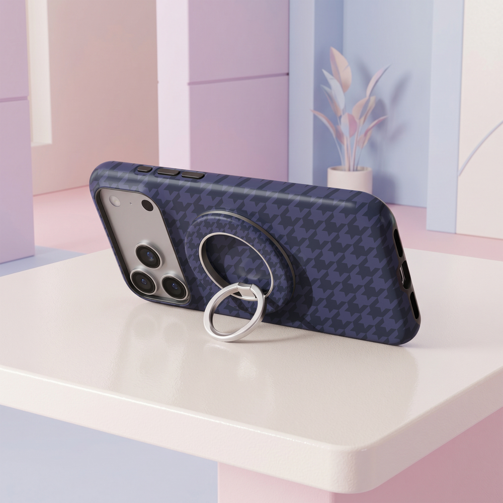 Navy blue houndstooth pattern MagSafe ring holder with a sleek silver magnetic phone grip and stand.