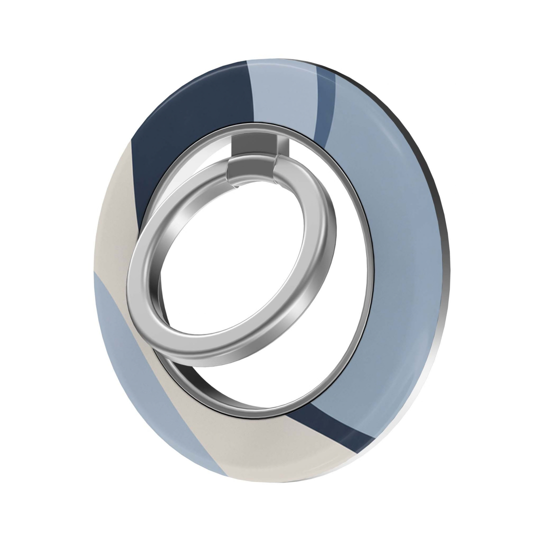 Coastal Curve MagSafe Ring Holder featuring flowing abstract curves in powder blue, deep navy and warm ivory with a silver magnetic ring, a modern coastal phone grip and stand.