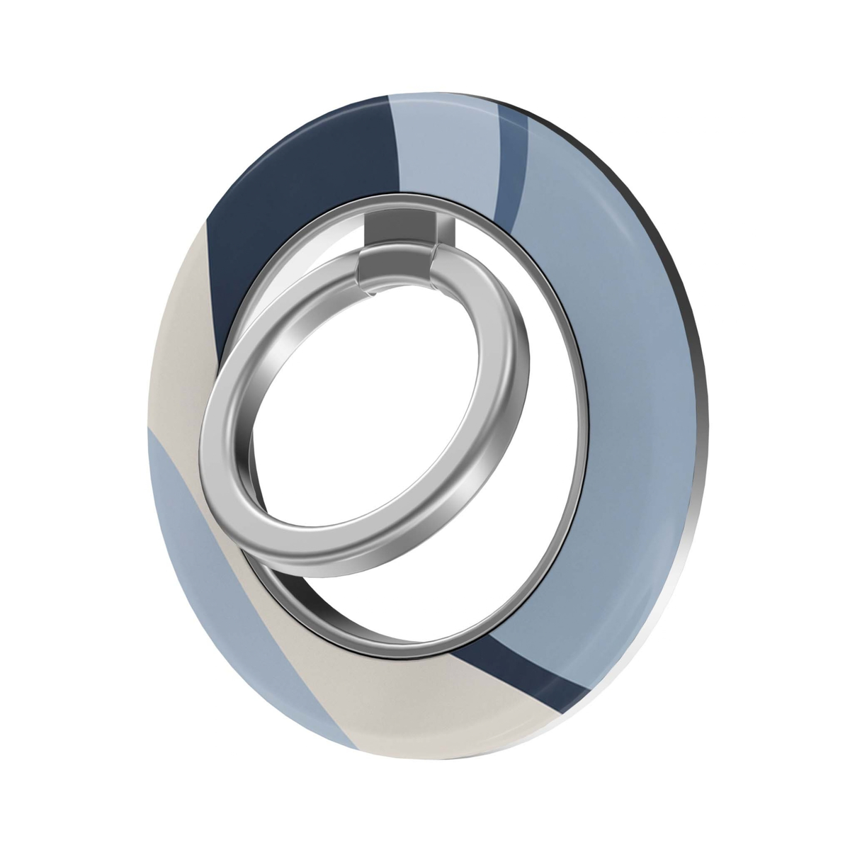 Coastal Curve MagSafe Ring Holder featuring flowing abstract curves in powder blue, deep navy and warm ivory with a silver magnetic ring, a modern coastal phone grip and stand.