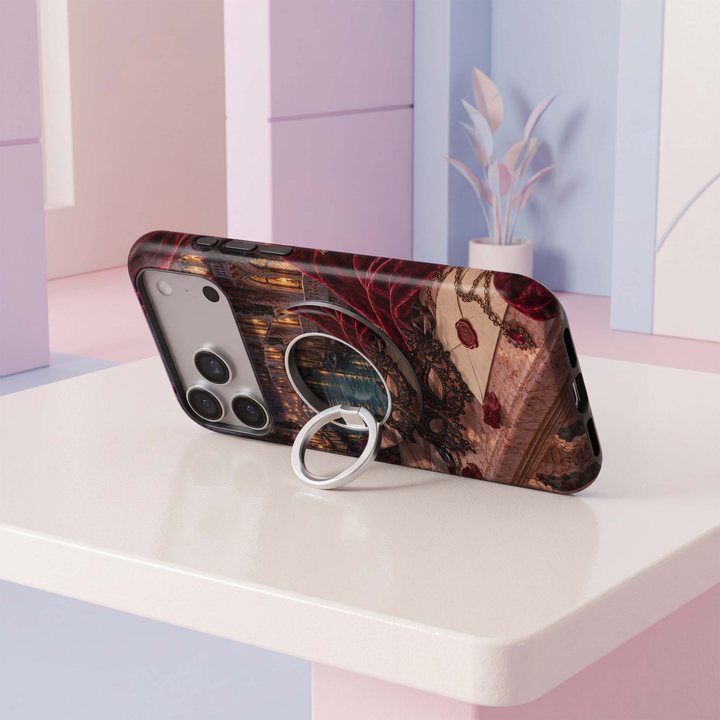 CASELIX Midnight in Venice MagSafe Ring Holder featuring a romantic Venetian canal at night, illuminated architecture, burgundy velvet and a masquerade mask.