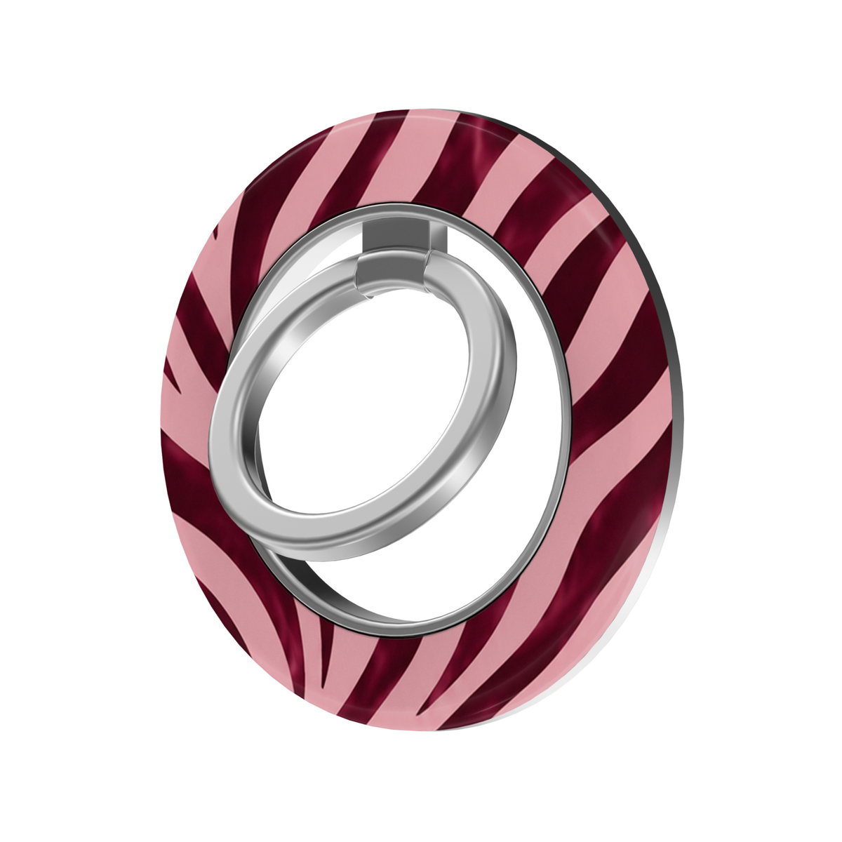 Burgundy wine and blush pink zebra print MagSafe ring holder with a bold wavy animal pattern and sleek silver magnetic phone grip and stand.