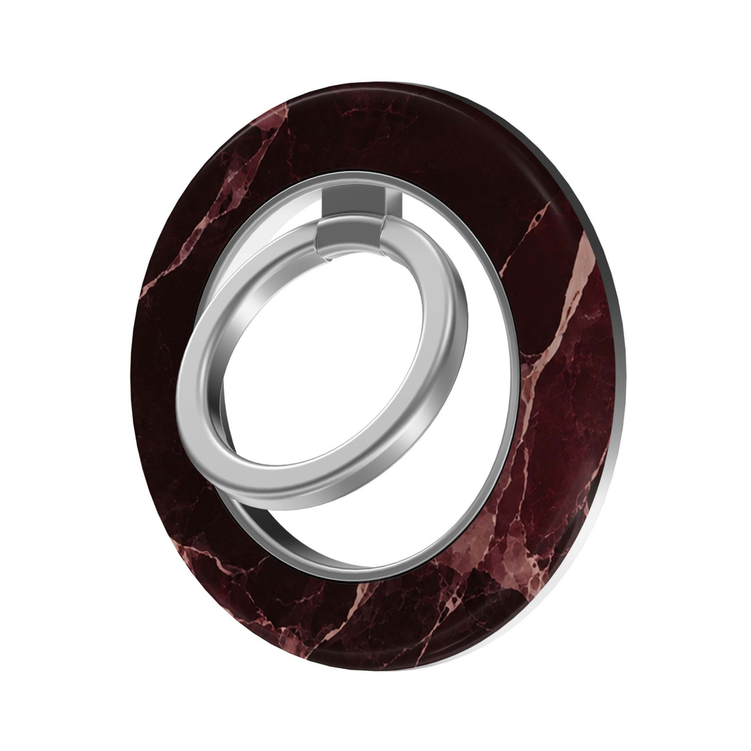 Cabernet Onyx MagSafe Ring Holder featuring luxurious deep cabernet and burgundy marble with dark onyx tones and dusty rose veining, finished with a silver magnetic phone ring grip and stand.