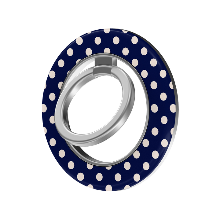 Classic navy blue and ivory polka dot MagSafe ring holder with a chic timeless pattern and sleek silver magnetic phone grip and stand.