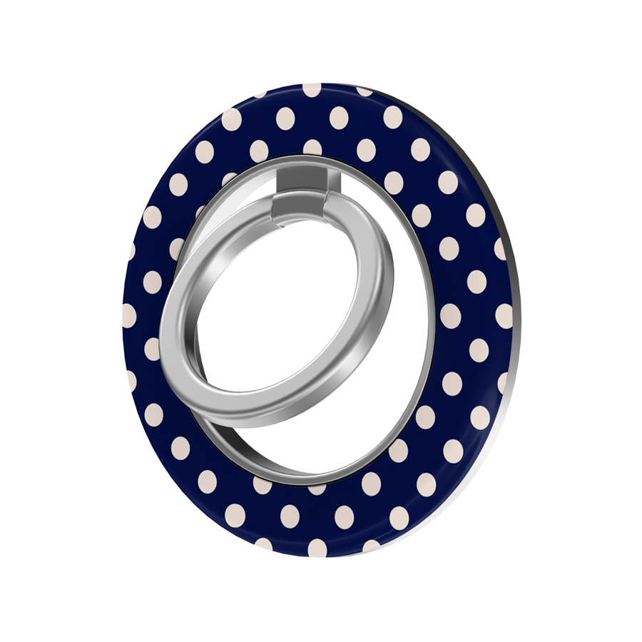 Classic navy blue and ivory polka dot MagSafe ring holder with a chic timeless pattern and sleek silver magnetic phone grip and stand.