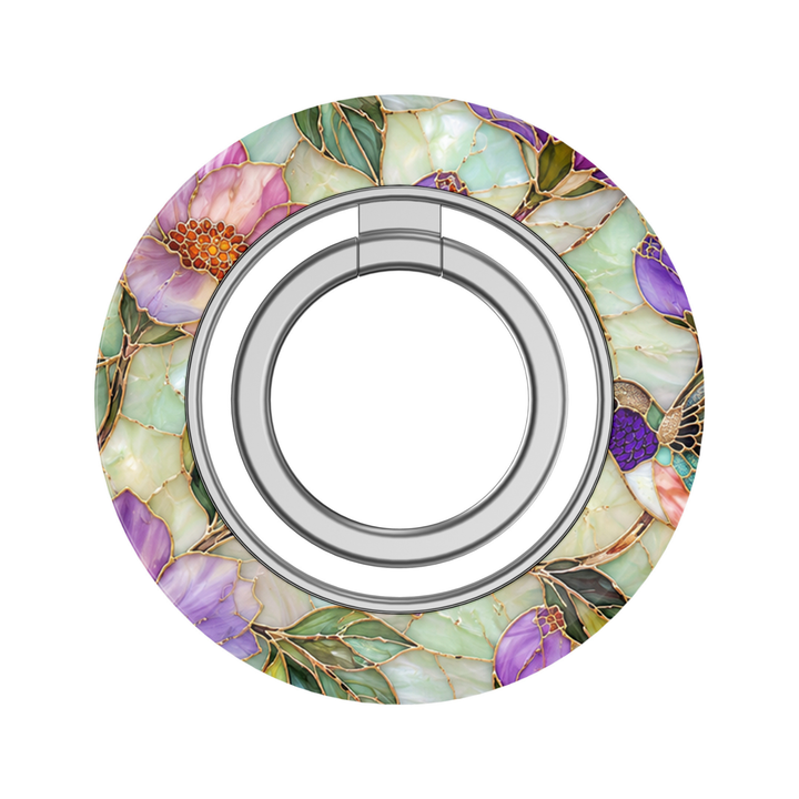 Mint Blossom Mosaic MagSafe ring holder featuring pastel purple and pink flowers, mint green stained glass, botanical leaves and elegant gold accents with a silver magnetic phone grip.