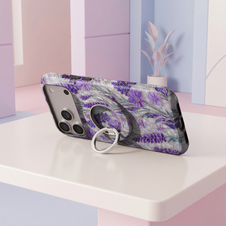 Lavender Pearl Garden MagSafe ring holder featuring purple floral blooms, lavender leaves, pearl details and iridescent stained glass accents with a silver rotating magnetic phone grip.