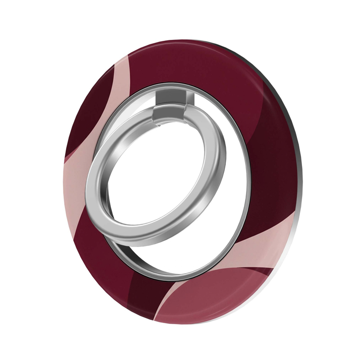 Cabernet Curve MagSafe Ring Holder featuring sweeping abstract curves in cabernet, burgundy, dusty rose and blush pink with a silver magnetic ring, an elegant modern phone grip and stand.