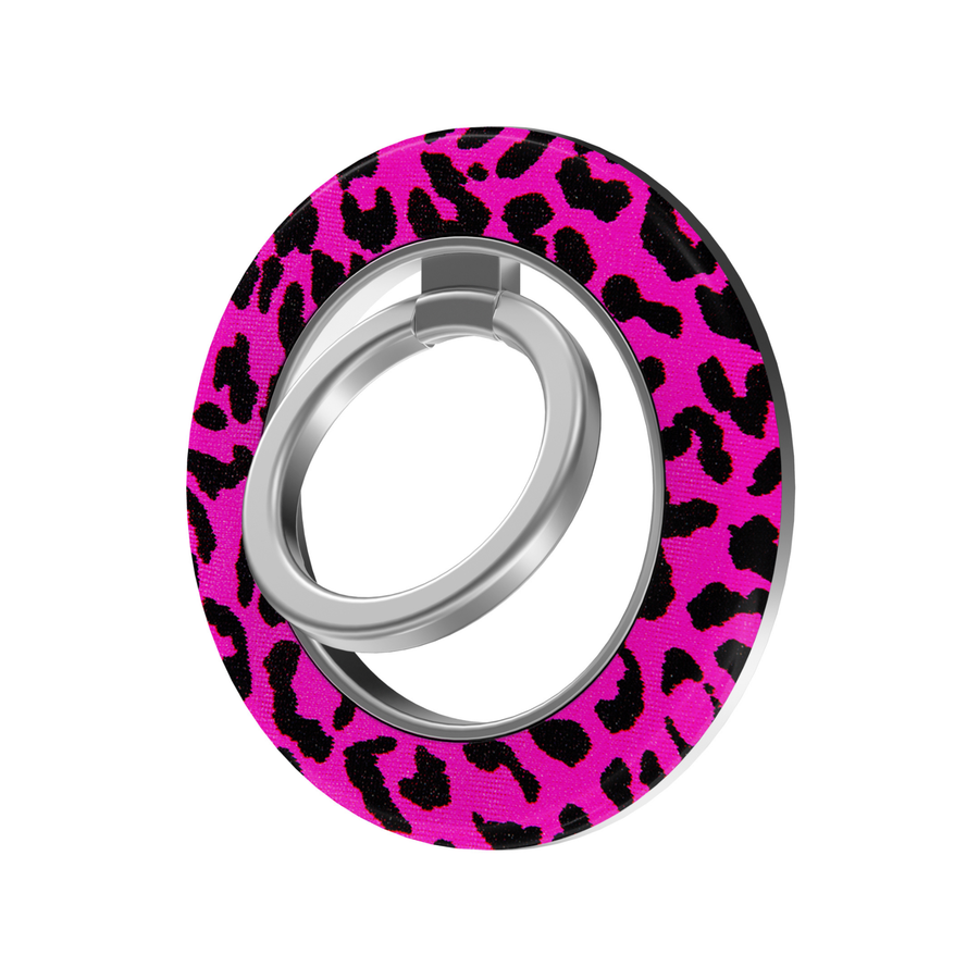 Vibrant hot pink and black leopard print MagSafe ring holder with a bold animal pattern and sleek silver magnetic phone grip and stand.