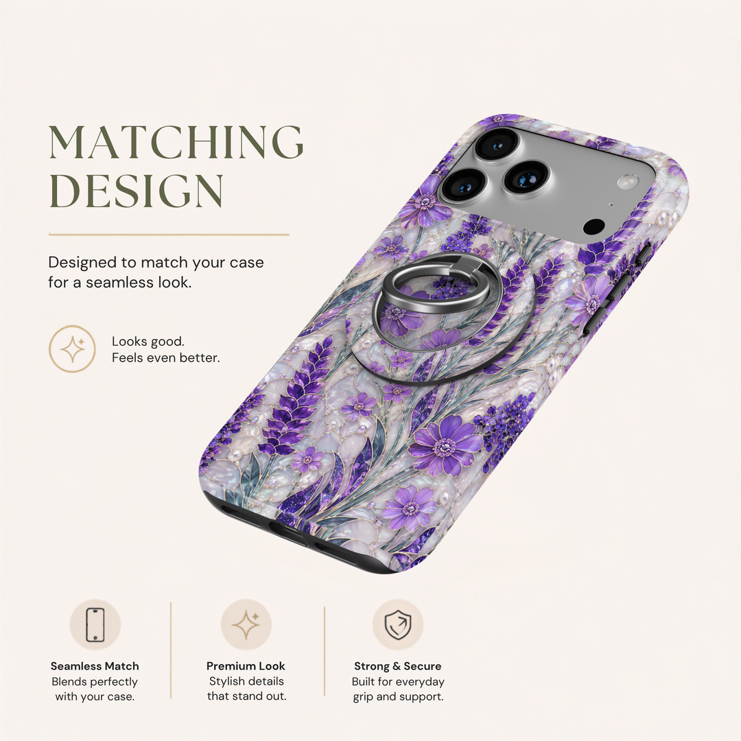 Lavender Pearl Garden MagSafe ring holder featuring purple floral blooms, lavender leaves, pearl details and iridescent stained glass accents with a silver rotating magnetic phone grip.