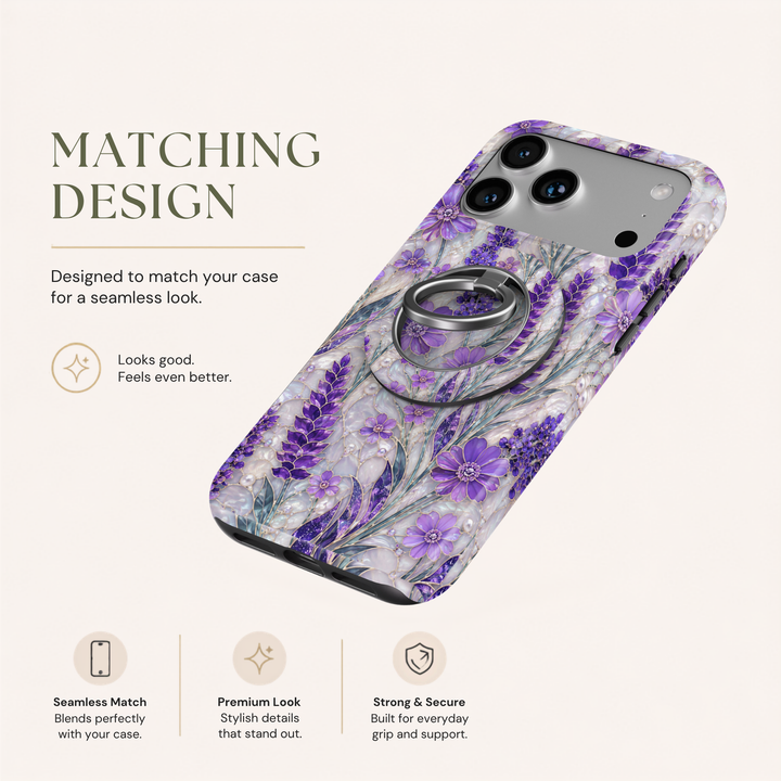 Lavender Pearl Garden MagSafe ring holder featuring purple floral blooms, lavender leaves, pearl details and iridescent stained glass accents with a silver rotating magnetic phone grip.