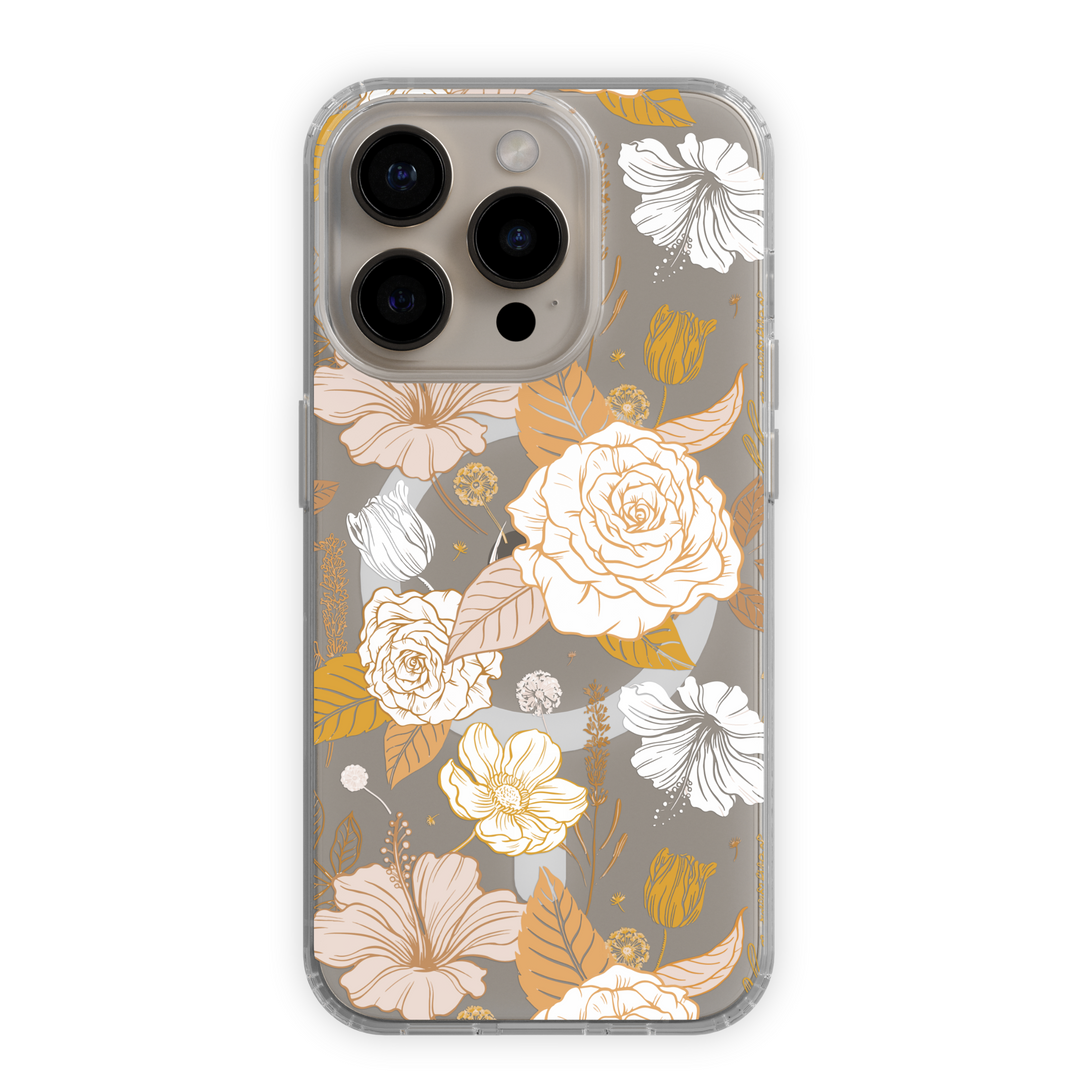 Clear iPhone case with MagSafe featuring elegant yellow and white floral design. Aesthetic protective case for iPhone 15 14 13 Pro Max.