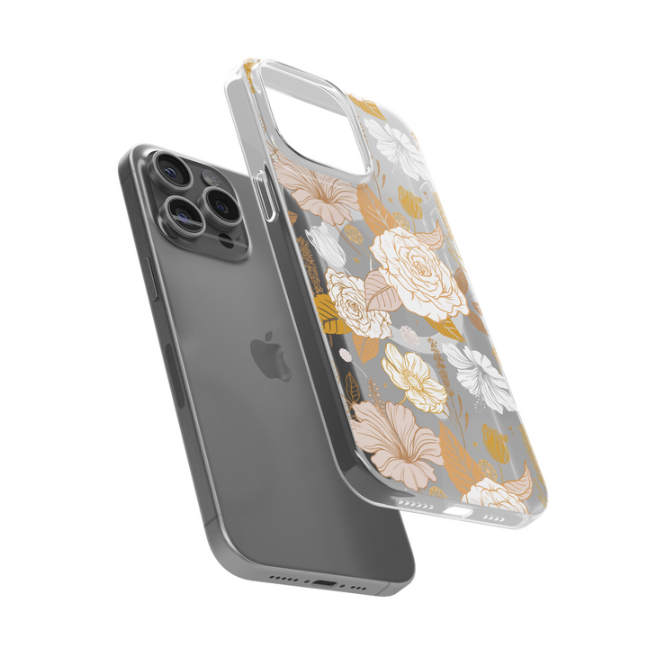 Clear iPhone case with MagSafe featuring elegant yellow and white floral design. Aesthetic protective case for iPhone 15 14 13 Pro Max.