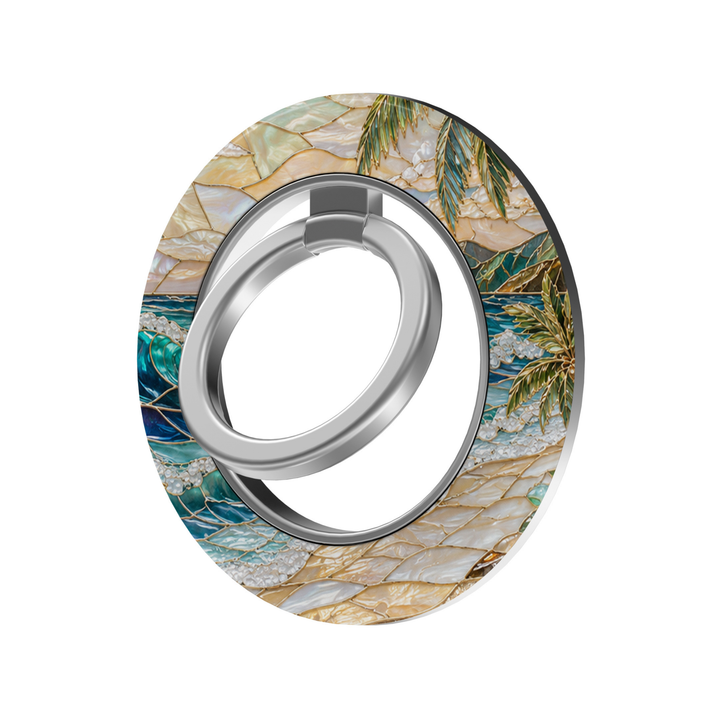 Opal Coast MagSafe ring holder with turquoise ocean waves, pearl-inspired ivory details, tropical palms and gold accents with silver rotating magnetic phone grip.