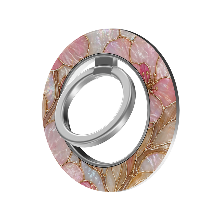 Blush Opal Garden MagSafe ring holder featuring soft pink and champagne floral stained glass with iridescent pearl details, elegant gold outlines and a silver magnetic phone grip.