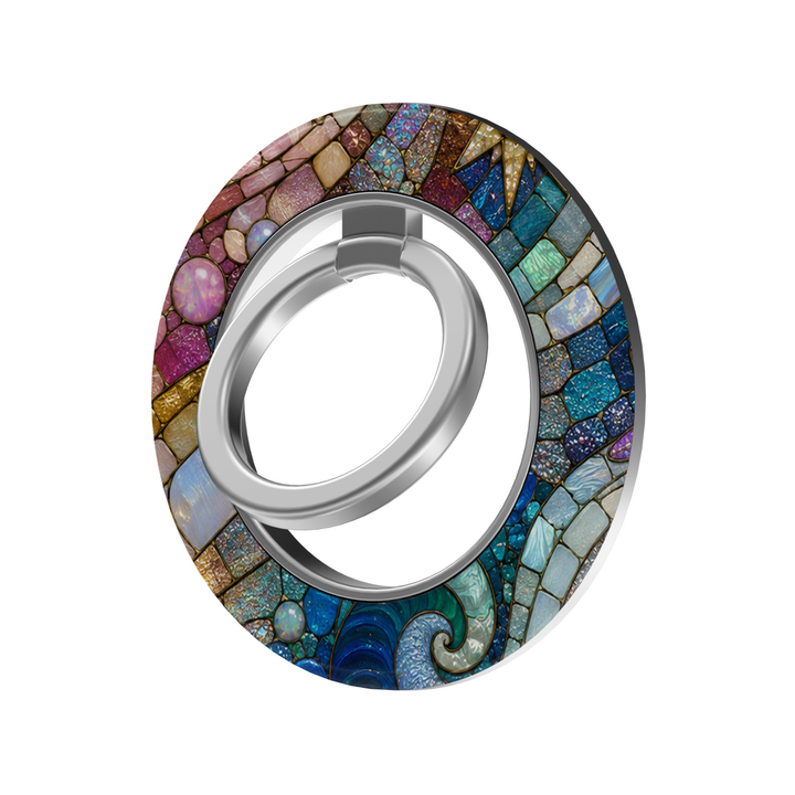 Coastal Opal Mosaic MagSafe ring holder featuring colorful pink, turquoise, aqua, blue and gold stained glass tiles with shimmering opal details and a silver magnetic phone grip.