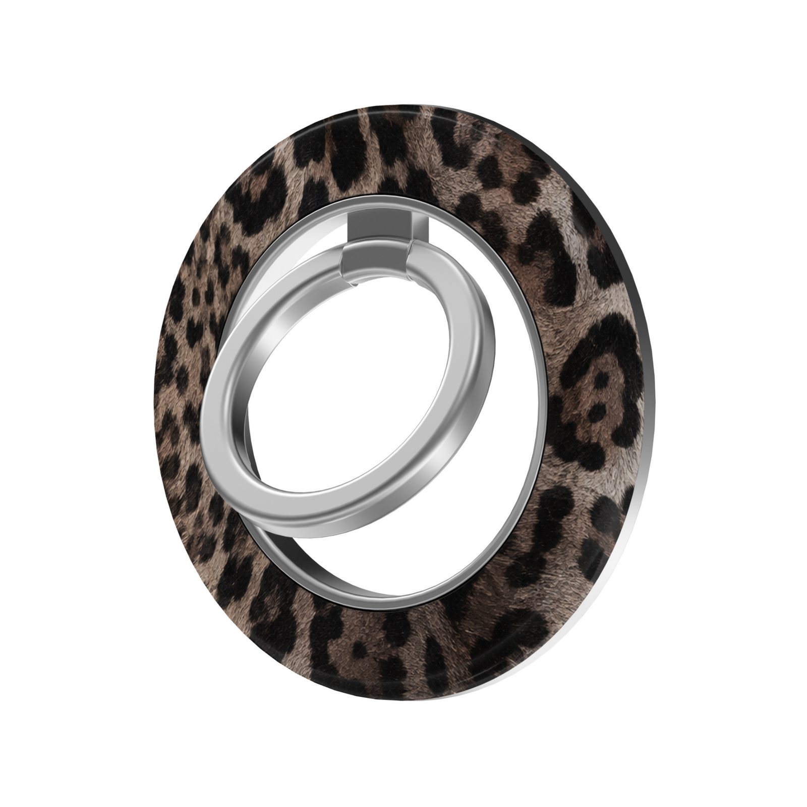 Espresso Leopard MagSafe ring holder featuring a chic neutral brown, taupe and black leopard print with a silver magnetic phone grip and stand.