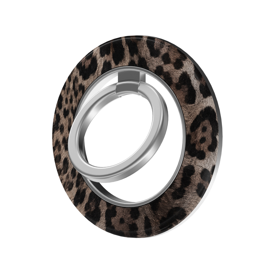 Espresso Leopard MagSafe ring holder featuring a chic neutral brown, taupe and black leopard print with a silver magnetic phone grip and stand.