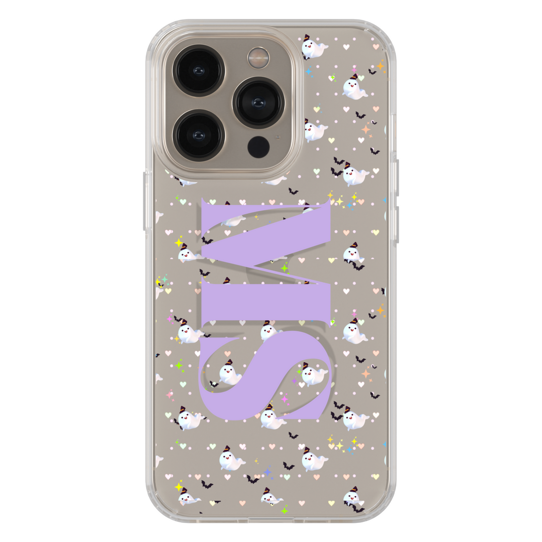 Clear iPhone case with cute pumpkin pattern and bold orange monogram letters. Transparent Halloween-themed phone cover for iPhone 15, iPhone 14, iPhone 13 Pro Max, and more. Fun spooky-season aesthetic case combining pumpkins, bats, and personalization.