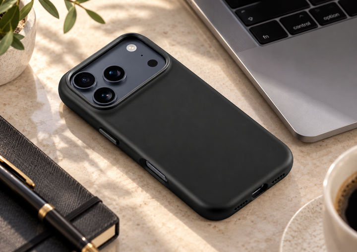 Matte Black silicone iPhone case beside a laptop, notebook and coffee on a sunlit desk.