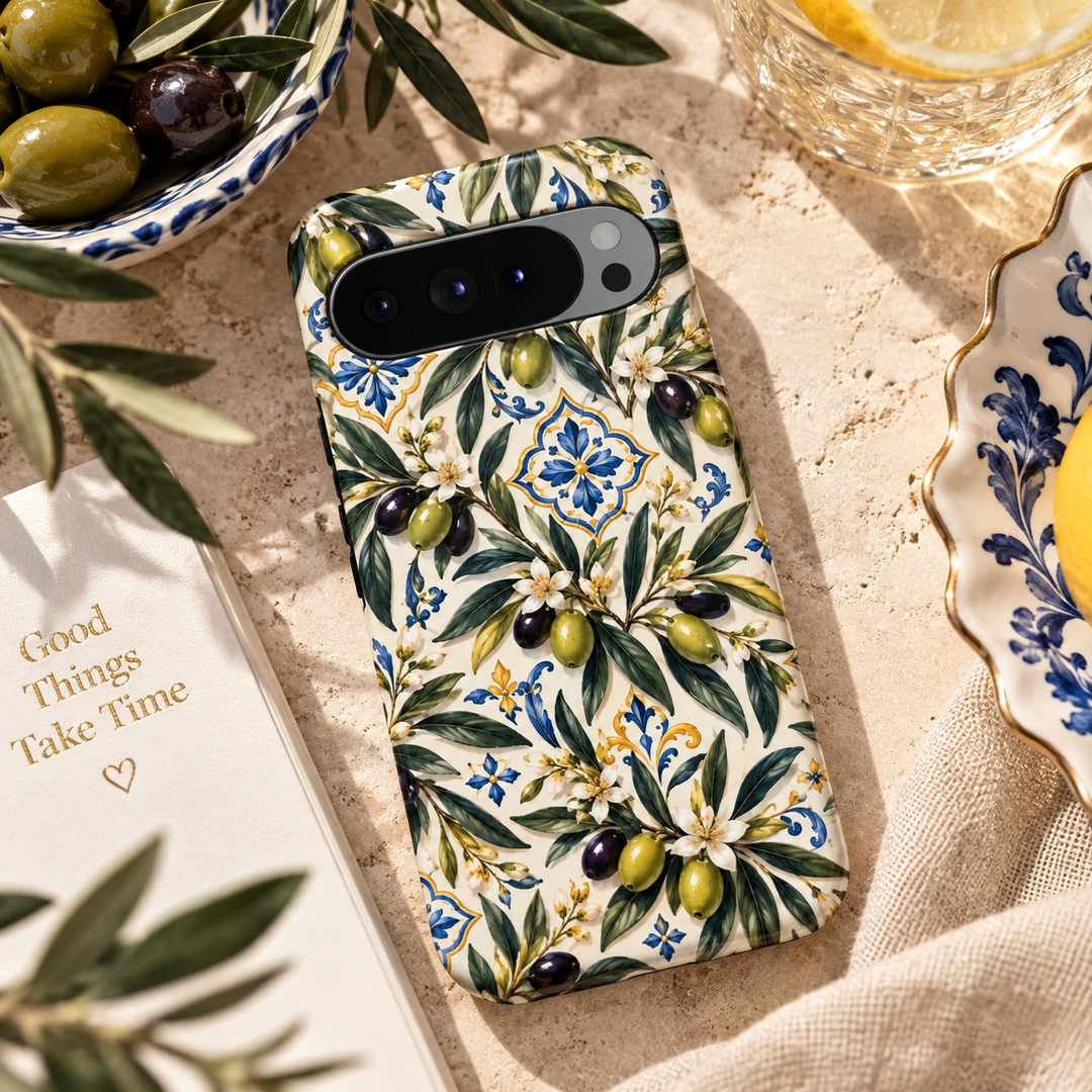 Tuscan Olive Google Pixel case featuring green and purple olives, leafy olive branches, white blossoms and cobalt blue and gold Mediterranean tile motifs on an ivory background.