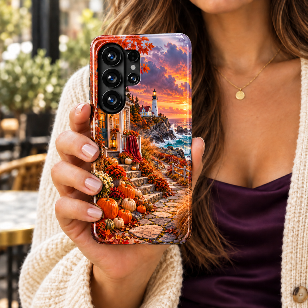 October by the Sea Samsung Galaxy case featuring a lighthouse at sunset, ocean waves and a coastal cottage with pumpkins lining its stone steps.