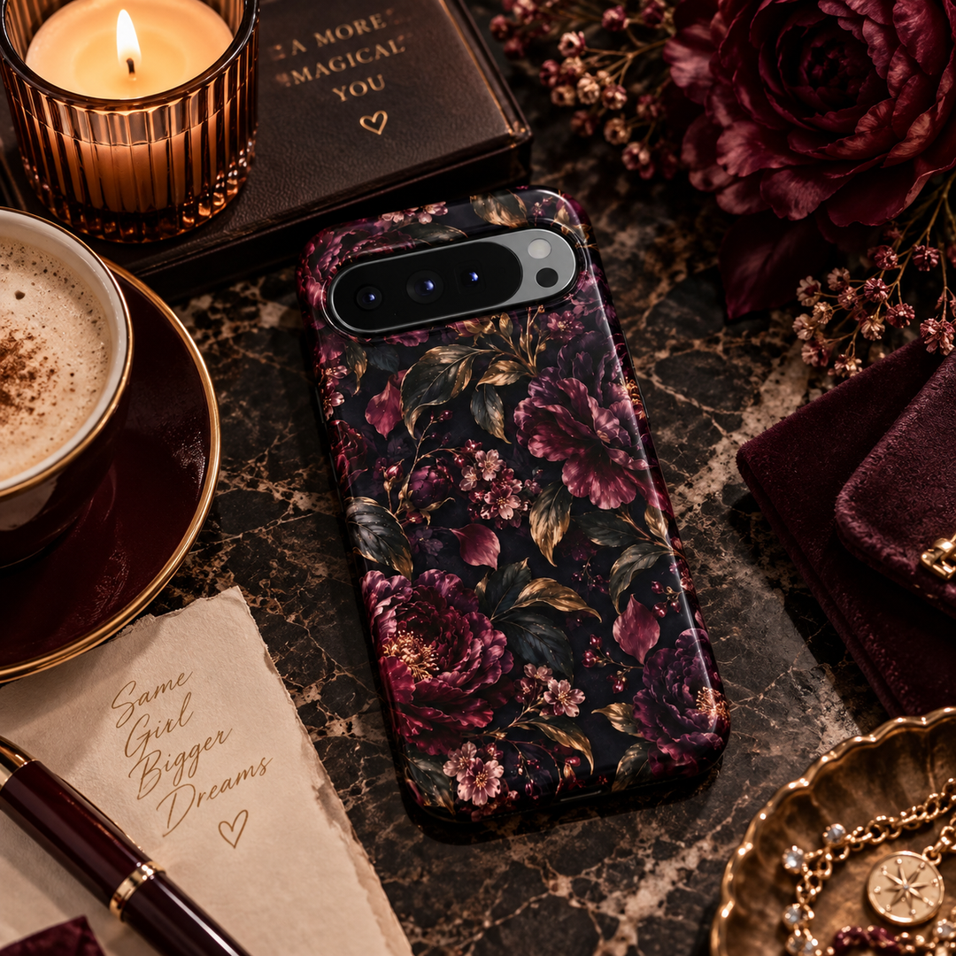 Burgundy Nocturne Google Pixel case featuring deep burgundy and wine flowers, dusty mauve blossoms, dark leaves and antique gold botanical accents on a black background.