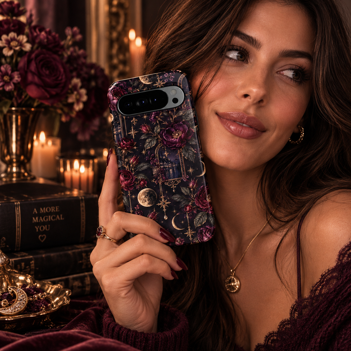 Moonlit Rose Manor Google Pixel case featuring burgundy and plum roses, antique gold moons and stars, dark botanical leaves and an ornate moonlit manor scene on a black background.