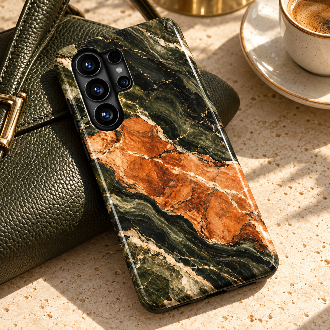 CASELIX Harvest Noir Samsung Galaxy case with glossy dark olive green marble, a sweeping burnt orange band and fine cream veining.