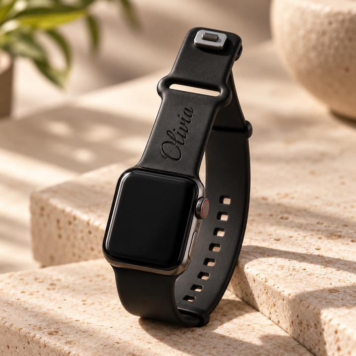 Black Apple Watch band with personalized Olivia engraving, styled on a beige surface