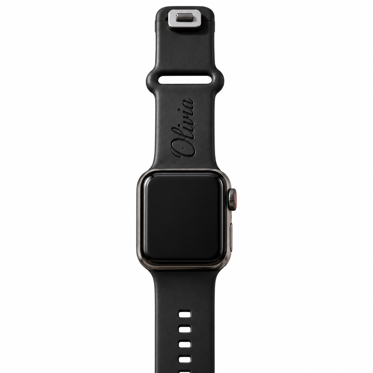 Matte black TPU Apple Watch band with Olivia name engraving, shown attached to a watch on a white background